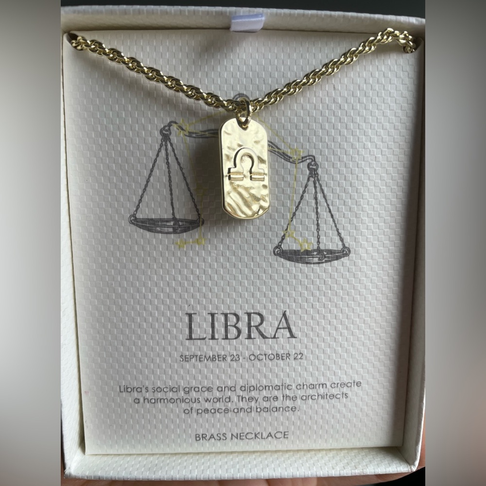 Libra Zodiac Brass Necklace Gold Tone Giftable Holiday Birthday Party NEW W Box